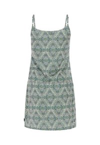 Robe sans manches avec motif floral géométrique vert et blanc et fines bretelles.