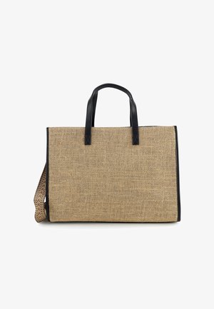 Jute draagtas met zwarte leren handgrepen en afwerking. Rechthoekige vorm, getextureerd oppervlak, voorzien van een verstelbare band met patroon.