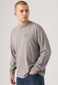 Grå langermet skjorte med rund hals, med "Two Horse Athletic Club" logo. Tekst på ermet leser "Levi Strauss '13." Glatt stofftekstur.