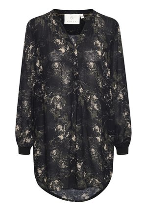 Black blouse with a floral pattern in beige and green. Features a button placket, long sleeves, and a curved hem. Made of lightweight fabric.