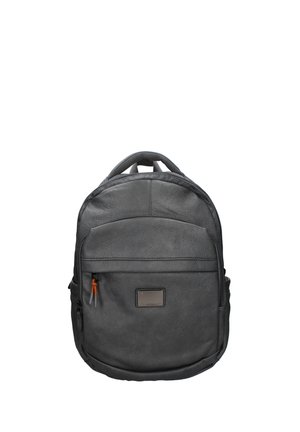 Black leather backpack with front zip pocket, top handle, and a small rectangular metal logo plate.