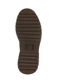 Rubber shoe sole in brown with textured grooves and patterns. Features a rectangular logo patch and size "42" at the heel.