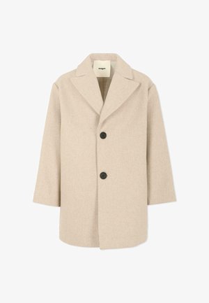 Cappotto di lana beige con colletto a notched, bottoni frontali doppi e maniche a tre quarti. Presenta una texture morbida e una vestibilità comoda.