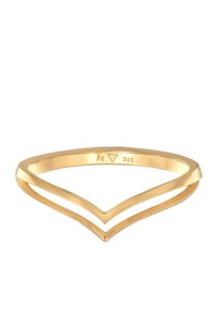 Guldtonet metalsring med et V-formet design, der har en åben band og glat finish. Mærkerne inkluderer "Ag" og "925" for sølvindhold.