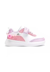 Scarpa sportiva bianca con accenti di glitter rosa, una fascia in velcro e dettagli decorativi di perline e fiori sul tallone. Punta arrotondata e pannelli testurizzati.