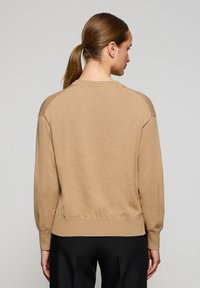 Beige Pullover mit gerippten Bündchen und Saum, der über eine weiche Textur und einen lockeren Schnitt verfügt. Die Rückseite zeigt ein schlichtes, sauberes Design.