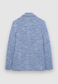 Veston en tweed bleu texturé avec un motif pied-de-poule, un revers cranté et des manches longues. Le dos présente un design sans couture.