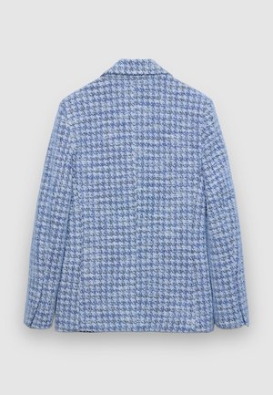 Strukturierter blau gemusterter Tweed-Blazer mit Hahnentrittmuster, Revers mit Kerbe und langen Ärmeln. Die Rückseite hat ein nahtloses Design.