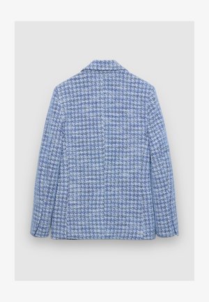 Strukturierter blau gemusterter Tweed-Blazer mit Hahnentrittmuster, Revers mit Kerbe und langen Ärmeln. Die Rückseite hat ein nahtloses Design.