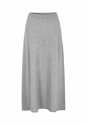 Fustă gri, până la genunchi, realizată dintr-un material moale, cu un brâu elastic lat, având o textură netedă și un design simplu, fără ornamente.