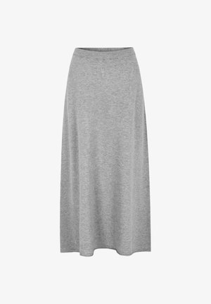 Grauer, knielanger Rock aus weichem Stoff mit breitem, elastischem Bund, der eine glatte Textur und ein schlichtes Design ohne Verzierungen aufweist.