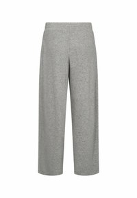 Grijze wijde broek van zacht, textuurstof. Heeft een elastische tailleband en is enkel-lang met een ontspannen pasvorm.
