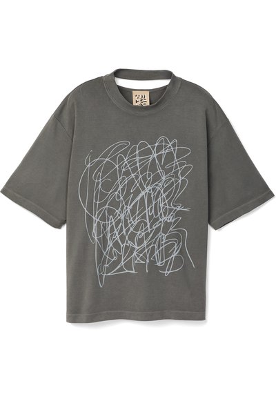 Gray cotton t-shirt with a loose fit, featuring a scribble-like white graphic design on the front and a ribbed crew neckline.