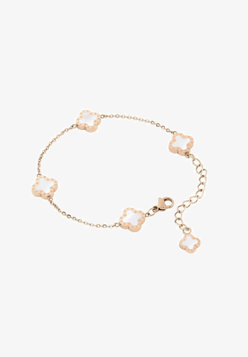 Pulsera de oro rosado con eslabones en forma de flor y acentos de esmalte blanco. Incluye un broche de langosta y una cadena ajustable.