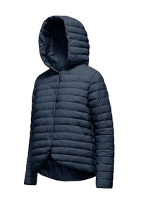 Giacca a vento imbottita blu navy con cappuccio, caratterizzata da una texture trapuntata, chiusure a bottoni e un orlo leggermente arrotondato.