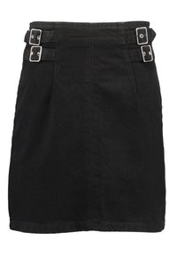 Černá džínsová mini sukně s fitted střihem, vybavená dvěma stříbrnými sponkami na pase a detailním šitím. Hladká textura.