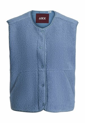 Veste sans manches en polaire sherpa bleu clair avec boutons-pression, col rond et deux poches latérales, logo JJXX à l'intérieur du col.