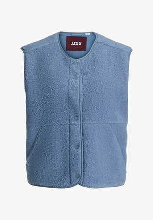Veste sans manches en polaire sherpa bleu clair avec boutons-pression, col rond et deux poches latérales, logo JJXX à l'intérieur du col.