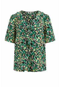 Short-sleeve top with a V-neck, featuring a green, black, and pink floral pattern and a ruffled front detail. Made of lightweight fabric.