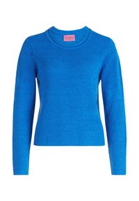 Pull en tricot bleu avec des manches longues, un col rond et une finition texturée. Présente une étiquette rose de marque au niveau du col.
