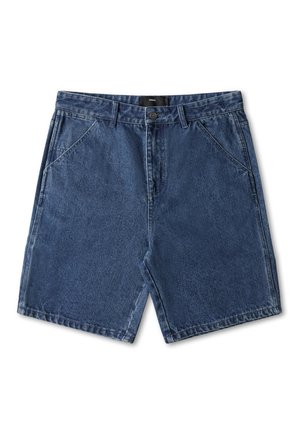 Denim shorts, dark blue, featuring a button closure, front pockets, and a relaxed fit. The fabric has a slightly faded texture.