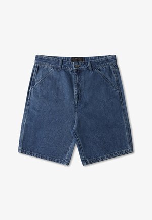 Denim kratke hlače, temno modre, z gumbom za zapiranje, sprednjimi žepi in sproščenim krojem. Tkanina ima rahlo zbledel videz.