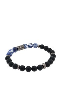 Bracciale in perline opache nere con perle marmorizzate blu e bianche, dotato di una chiusura metallica e accenti argentati per un contrasto.