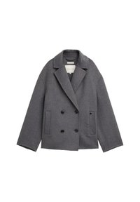 Grijze wollen dubbelzijdige blazer met een notch-kraag, grote zwarte knopen en twee zijzakken, met een ontspannen pasvorm en cropped lengte.