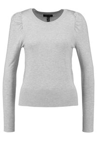 Pull en maille doux à manches longues de couleur grise. Il présente des poignets et un ourlet côtelés, avec des détails froncés sur les épaules.
