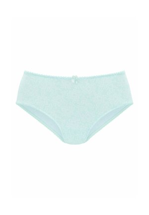 Hellblaue Damen-Baumwollslips mit einer kleinen Schleife in der Mitte des vorderen Bunds, flach auf weißem Hintergrund ausgelegt.