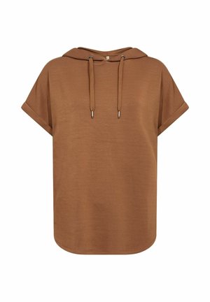 Barna rövid ujjú kapucnis pulóver húzózsinórokkal, felhajtott mandzsettás ujjakkal és lekerekített szegéllyel, fehér háttéren bemutatva.