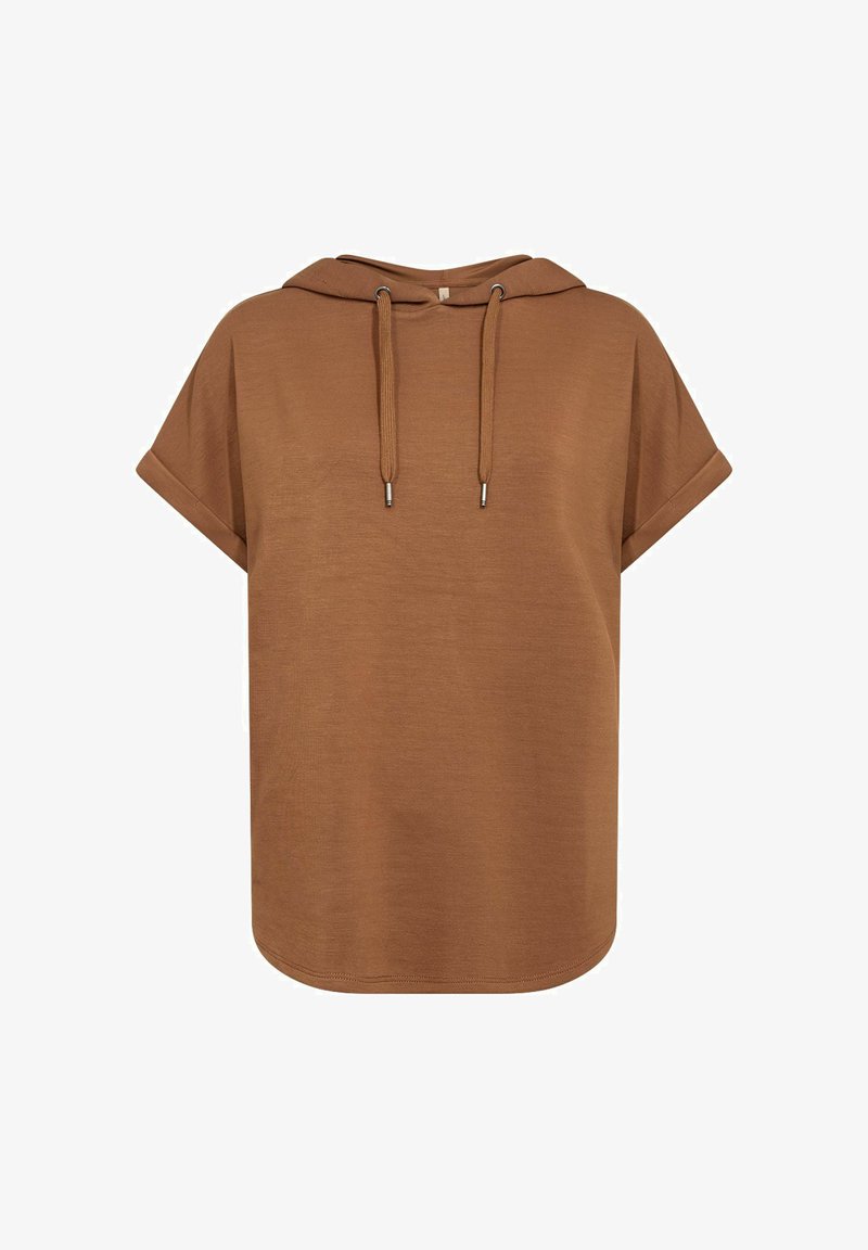 Braunes Kurzarm-Hoodie mit Kordelzug, aufgekrempelten Ärmeln und abgerundetem Saum, dargestellt auf weißem Hintergrund.