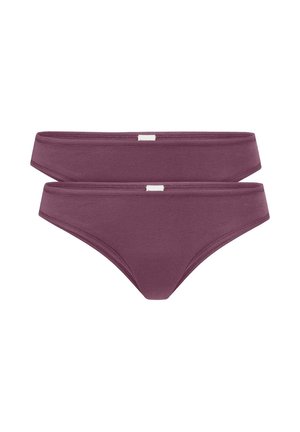 Bikini onderkant in donker mauve, met een gladde textuur, naadloos ontwerp en contrasterend wit label. Klassieke snit met zijbandjes.