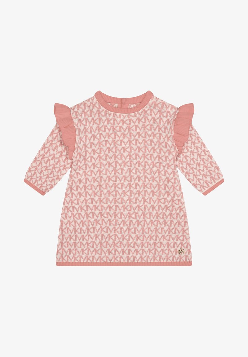 Robe bébé rose et blanche à manches longues avec motif "MK" intégral, détails volantés aux épaules et encolure ronde avec bords côtelés.