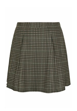 Korte geplooide rok met groen-beige geruit patroon, aansluitende tailleband en lichte uitlopende vorm.