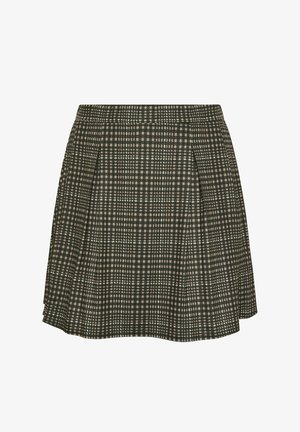 Korte geplooide rok met groen-beige geruit patroon, aansluitende tailleband en lichte uitlopende vorm.