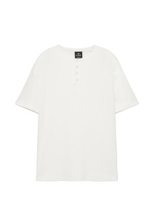 Weißes Henley-Shirt mit kurzen Ärmeln, rundem Ausschnitt und vier weißen Knöpfen auf der Vorderleiste.