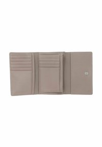 Portefeuille en cuir gris avec plusieurs emplacements pour cartes, un compartiment central et une texture lisse. Design compact, finition douce et matériel minimal.