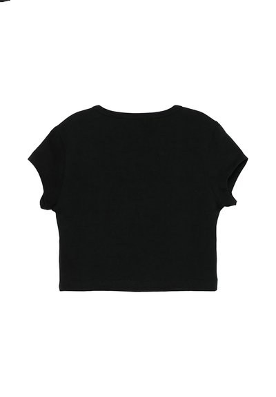T-shirt nera corta a maniche corte con scollo rotondo, stesa in piano mostrando il retro.