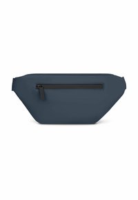 Borsetta a tracolla blu navy realizzata in materiale morbido, con una tasca zip nera sul fronte e un design minimalistico e curvo.