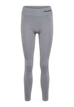 Grijze naadloze sportleggings met hoge tailleband en klein zwart Hummel-logo op de linker heup.