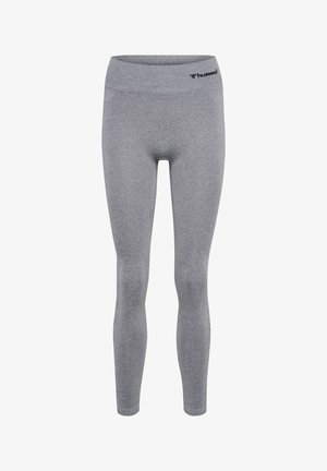 Grijze naadloze sportleggings met hoge tailleband en klein zwart Hummel-logo op de linker heup.