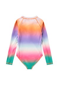 Langärmeliger Badeanzug mit einem Verlaufdesign in Orange, Lila, Pink und Türkis. Hergestellt aus glattem Stoff mit einem rundem Halsausschnitt.