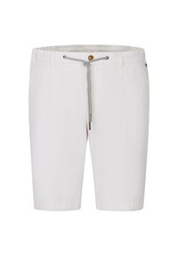 White cotton blend shorts with a drawstring waist, featuring a button closure and side pockets. Smooth texture, knee-length design.