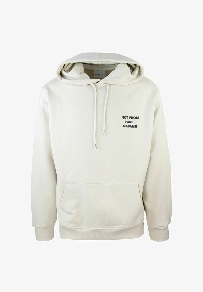 Hoodie couleur crème avec une poche frontale, capuche avec cordon de serrage réglable, et inscription en noir "PAS DE PARIS MADAME" sur la poitrine.