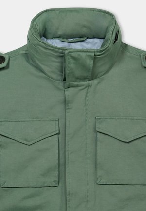 High-collar green jacket with buttoned shoulder epaulets, front flap pockets, and concealed front zipper and snap closure.