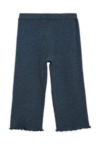 Temno modre, rebraste pletene culotte s prilegajočim pasom in volančki na dnu. Mehka tekstura, primerna za sproščeno nošenje.