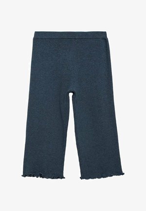 Dunkelblaue, gerippte Strickculottes mit einem enganliegenden Bund und rüschensäumen am unteren Ende. Weicher Stoff, geeignet für Freizeitkleidung.
