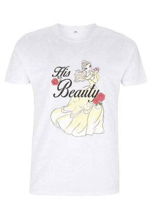 Biała bawełniana koszulka z grafiką postaci w żółtej sukience, z różowymi różami i napisem "Jego Uroda" w czarnym foncie.