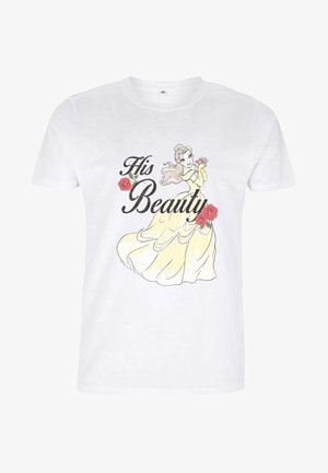 Biała bawełniana koszulka z grafiką postaci w żółtej sukience, z różowymi różami i napisem "Jego Uroda" w czarnym foncie.